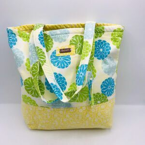 Basic Lizbet Library Market Tote Bag Green Yellow Florals 12x13x3" With Pockets